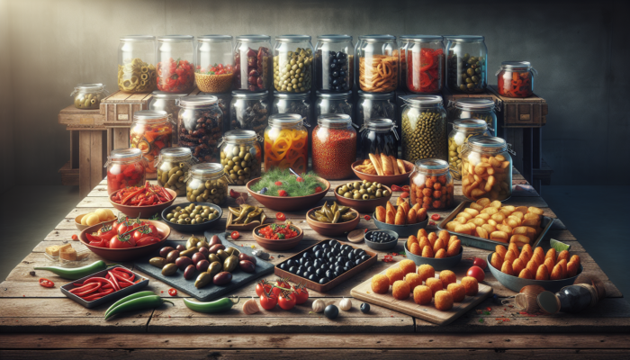 A colorful spread of prepared tapas on a rustic table, with airtight containers in the background ensuring freshness.
