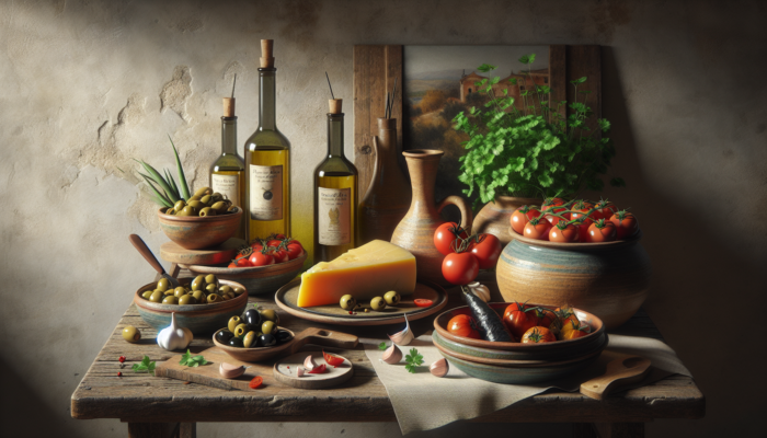 A selection of bowls filled with olives, tomatoes, garlic, manchego cheese, fresh parsley, basil, olive oil, stuffed peppers, and chorizo slices displayed on a rustic Spanish kitchen counter.