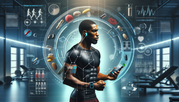 A diabetic athlete adjusting supplements, monitoring glucose in a modern gym with performance data.