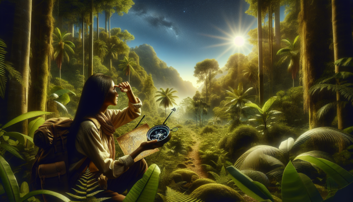 Individual in the jungle utilizing a compass, sun, and North Star for navigation, encircled by lush vegetation.