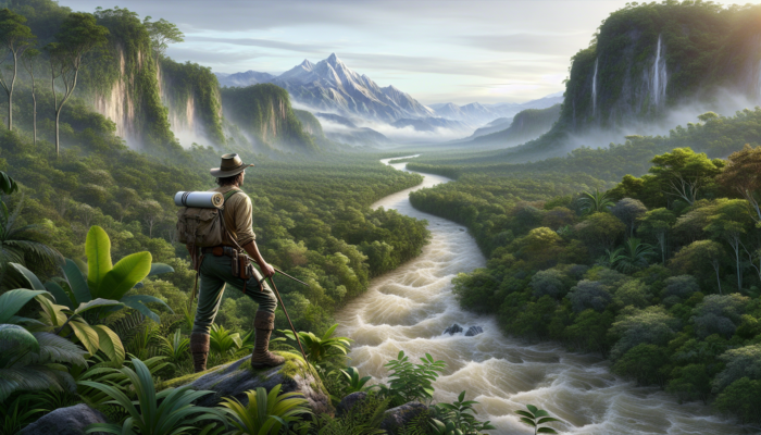 Navigator utilizing a river and mountain as landmarks in a dense jungle, adapting to flooding and landslides.