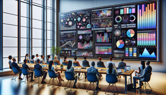 A team analysing vibrant Google Business Analytics graphs displayed on a large screen within a modern office environment.