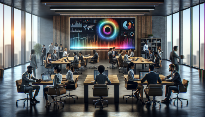 A contemporary office showcasing a digital screen with Google Business Analytics dashboards, demonstrating a team strategising on data optimisation.