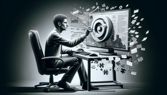 Individual configuring Google Business Analytics, displaying frustration while overlooking key steps like goal setting and tracking code installation.