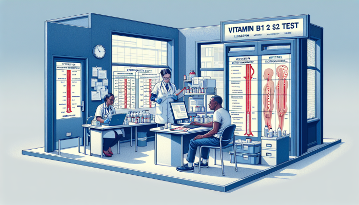 Illustration of the stages of Vitamin B12 testing in an Ilkeston clinic, highlighting the effects of deficiency from anaemia to neurological damage.