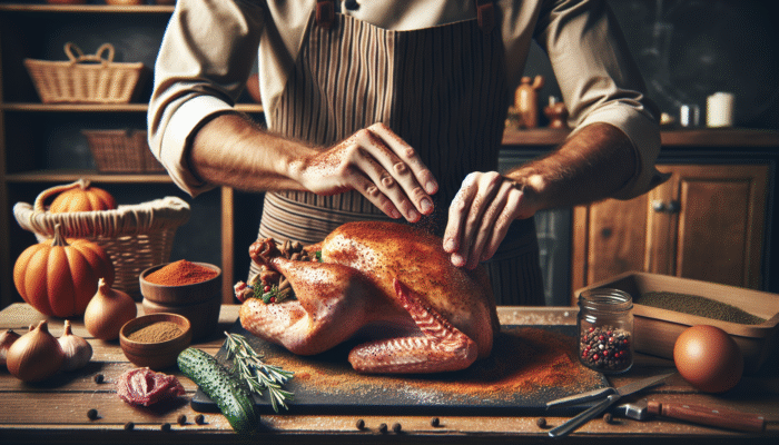 Chef seasoning a dry Thanksgiving turkey under and over the skin for flavor and crispiness.