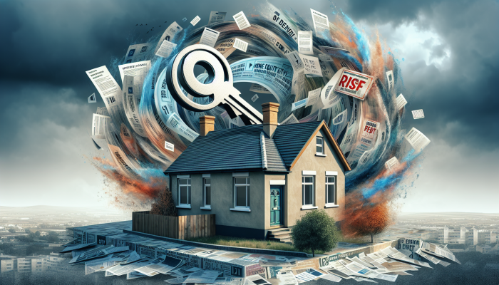 Debt Consolidation With Variable Interest Rates: A Guide | DCL British home with key symbolising equity, debts merging, cloudy sky, foreclosure notice in background.