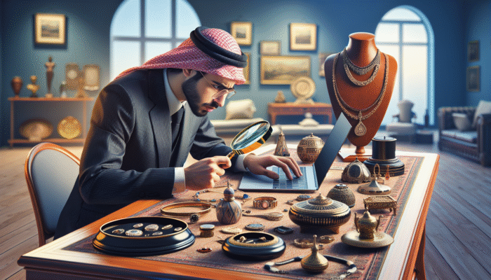 A professional appraiser examines antiques, jewellery, and art in an elegant room, using tools to assess value.