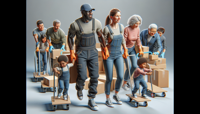 Family safely lifting heavy items during house clearance, using gloves, sturdy footwear, trolleys, and dollies.