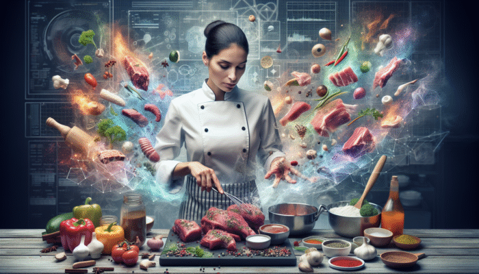 Chef marinating meats with spices and herbs in a modern kitchen, demonstrating marinade techniques.