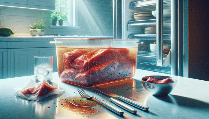 Glass container with marinating raw meat in fridge, separate utensils, discarded marinade for safety.