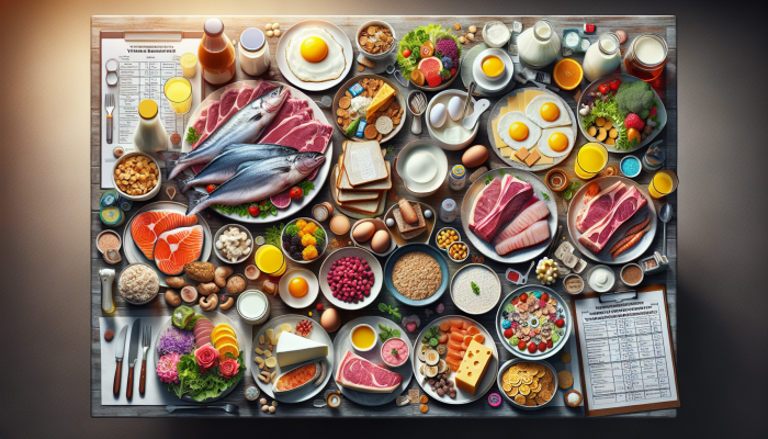 A table adorned with B12-rich foods including meat, fish, eggs, dairy, and fortified cereals and plant-based milks.