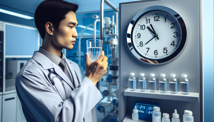 Person holding water, looking at clock, with medical lab background, illustrating the fasting process for vitamin B12 test.