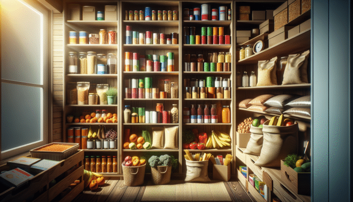 Diverse stockpile of non-perishable foods on shelves in a well-lit pantry.