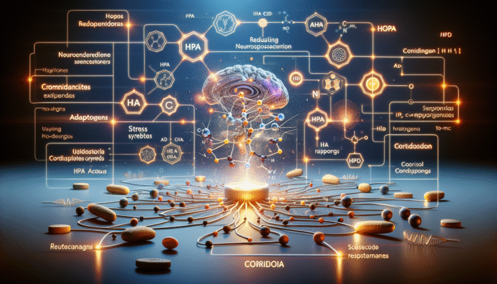 Diagram of adaptogens interacting with HPA axis to regulate cortisol levels, showing neuroendocrine system components.