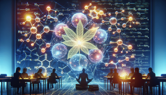 An intricate network of biochemical pathways with adaptogens enhancing serotonin levels, symbolizing mood regulation and stress relief.