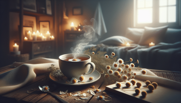 A steaming cup of chamomile tea on a cosy table, surrounded by dried flowers, in a softly lit room.