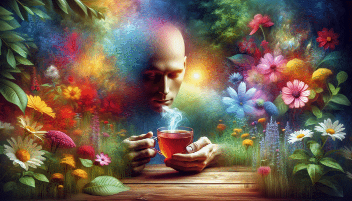 A serene person enjoying herbal tea amidst lush greenery and colourful flowers, glowing with tranquillity.