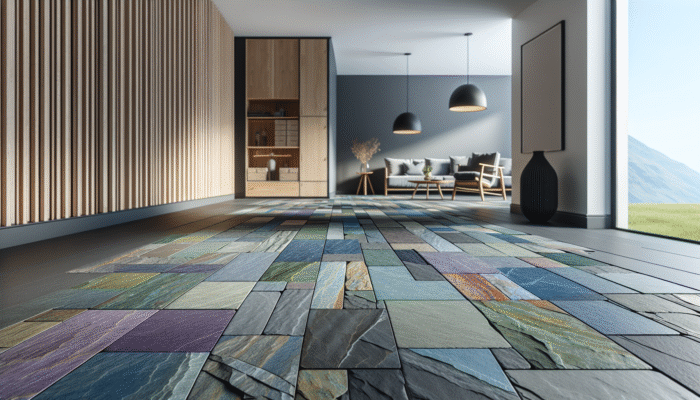 Slate Floor Care: Welsh slate flooring in a contemporary UK home, showcasing a variety of deep blues, purples, greens, and greys.