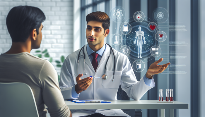 A confident healthcare professional explaining a blood test to a reassured patient in a modern medical facility.