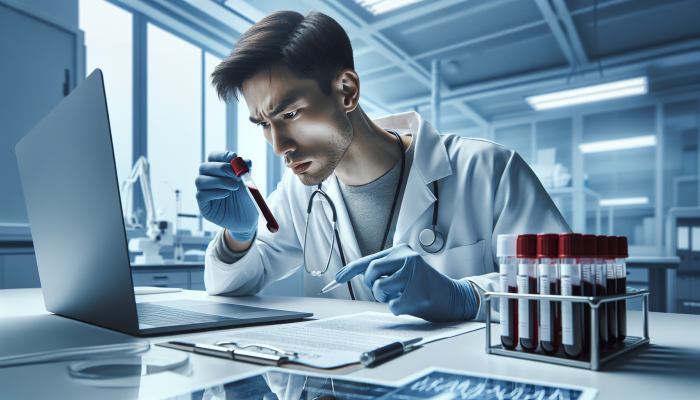 A medical technician labels a blood sample tube with patient details in a clean lab, emphasizing accuracy.