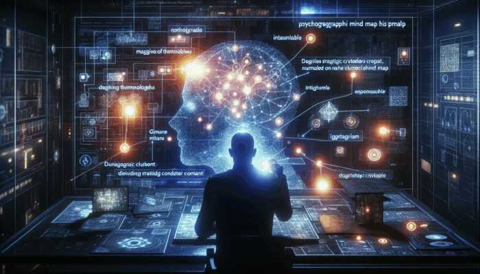 A person studying a glowing mind map on a digital screen, surrounded by video thumbnails in a high-tech room.