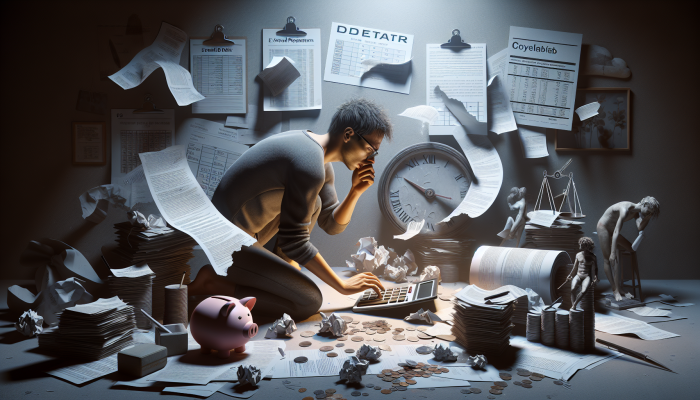Understanding the Impact of Debt Consolidation on Future Loans: Risk Factors Explained | DCL Person in dimly lit room, surrounded by financial documents, anxiously calculating extended debt repayment on calculator, calendar showing prolonged dates.