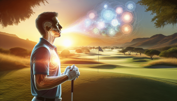 A South African golfer practicing deep breathing at sunrise on a golf course.