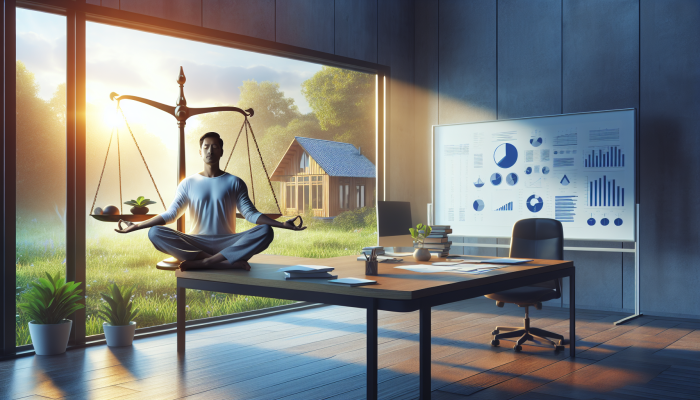 A man practicing yoga in a serene office, with a balanced scale and a peaceful home scene visible through the window.