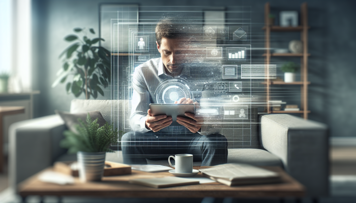 A man using a digital tablet to organize tasks on Trello, enhancing work-life balance at home.