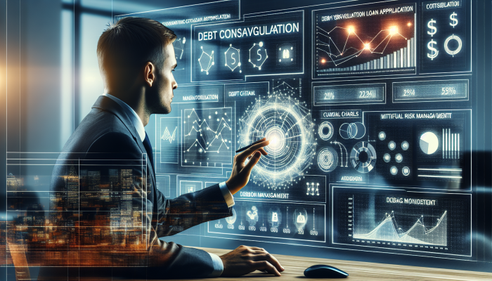 Managing Risks with Debt Consolidation Loan Origination Fees UK lender assessing debt consolidation loan risk in modern office with financial charts and economic trends on screen.