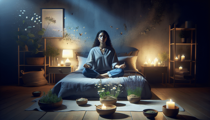 A person practicing CBT for insomnia in a serene bedroom with calming herbs like chamomile and lavender.