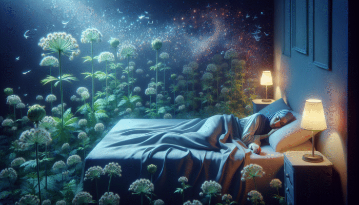 Person sleeping peacefully in bedroom surrounded by glowing valerian root plants, symbolizing natural sleep aid.