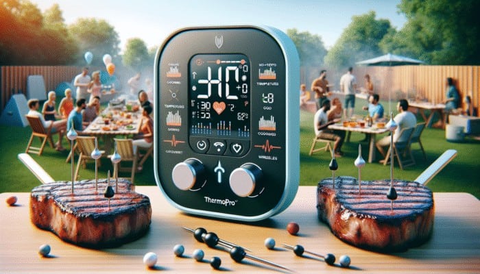 ThermoPro TP20 with dual probes monitoring steaks, large display, wireless icon, people socialising at outdoor gathering.