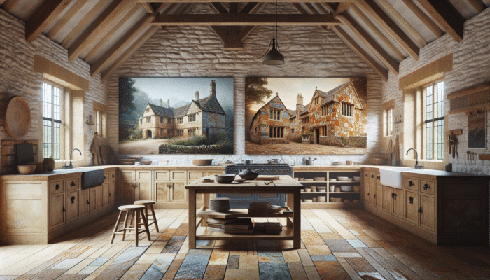 Diverse UK stone varieties: limestone in Cotswold cottage, sandstone on historical building, granite in contemporary kitchen.