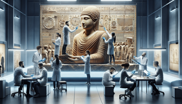 Experts meticulously examining ancient artifact with advanced tools in studio for optimal restoration outcomes.
