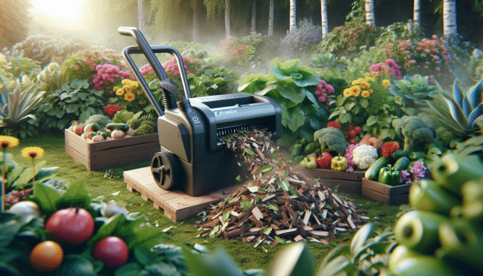 Electric shredders and chippers transforming garden waste into mulch, enriching the soil around vibrant plants.