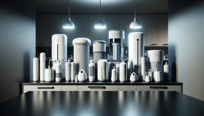 Diverse modern water filter systems on a sleek countertop in a minimalist kitchen, labeled by function and contaminant removal.