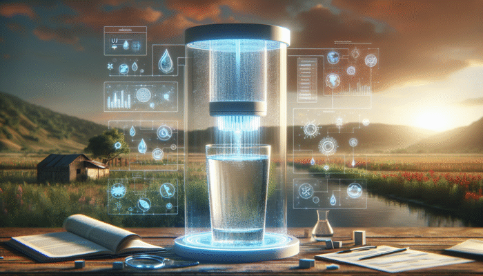 Modern water filter with UV system purifying water, set in rural area.