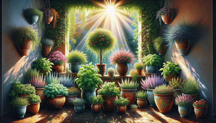 A vibrant herb garden on a sunlit balcony with basil, thyme, and mint in colorful pots.