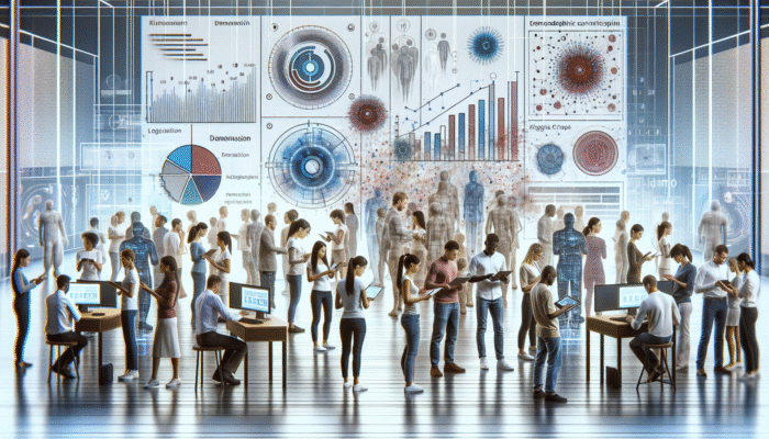 Utilise Local Influencers for Brand Awareness: A diverse group engaging with digital devices surrounded by demographic data and analytics graphs in a contemporary tech setting.