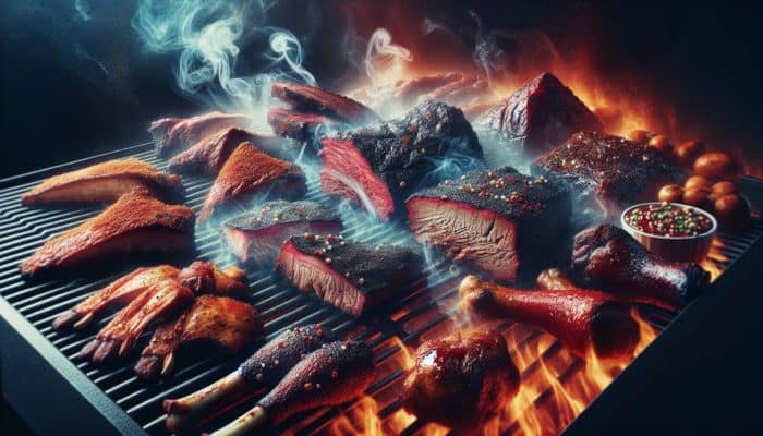 BBQ meats on the grill, coated in flavorful rubs and marinades, surrounded by swirling smoke.