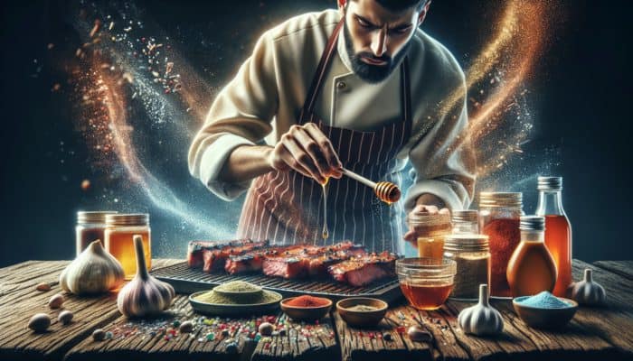 BBQ chef balancing sweet and savory flavors while grilling meats with vibrant rubs and marinades.