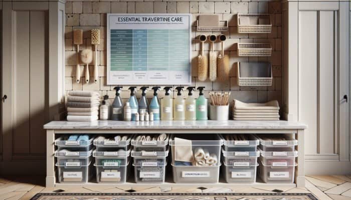 Well-organised cleaning station in a UK home displaying travertine care essentials such as cleaners, brushes, and cloths on a travertine floor.