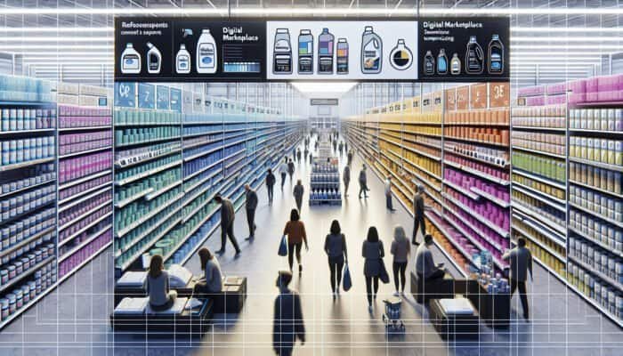 Aisle in a UK hardware store showcasing travertine cleaning products, featuring B&Q, Wickes signs, and online listings displayed on a screen.