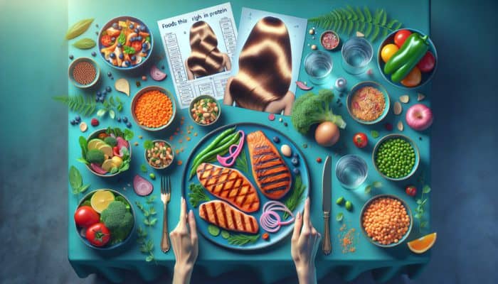 A table displaying grilled chicken, salmon, lentils, and chickpeas, representing protein-rich foods that benefit hair health.