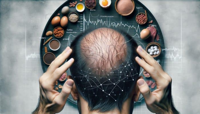 A scalp with thinning, brittle hair and loss patches alongside protein-rich foods like eggs, meat, and legumes.