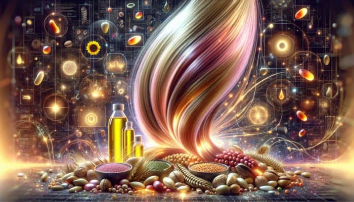 Shiny hair strands coated in omega-6 fatty acids, surrounded by nuts, seeds, and oil bottles.
