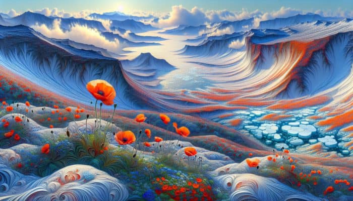 Arctic poppies blooming in tundra's brief summer, flora adapted to harsh winters.