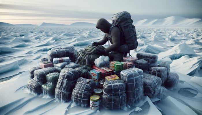 Person packing backpack with insulated clothing, waterproof layers, tent, and high-calorie foods for tundra survival.